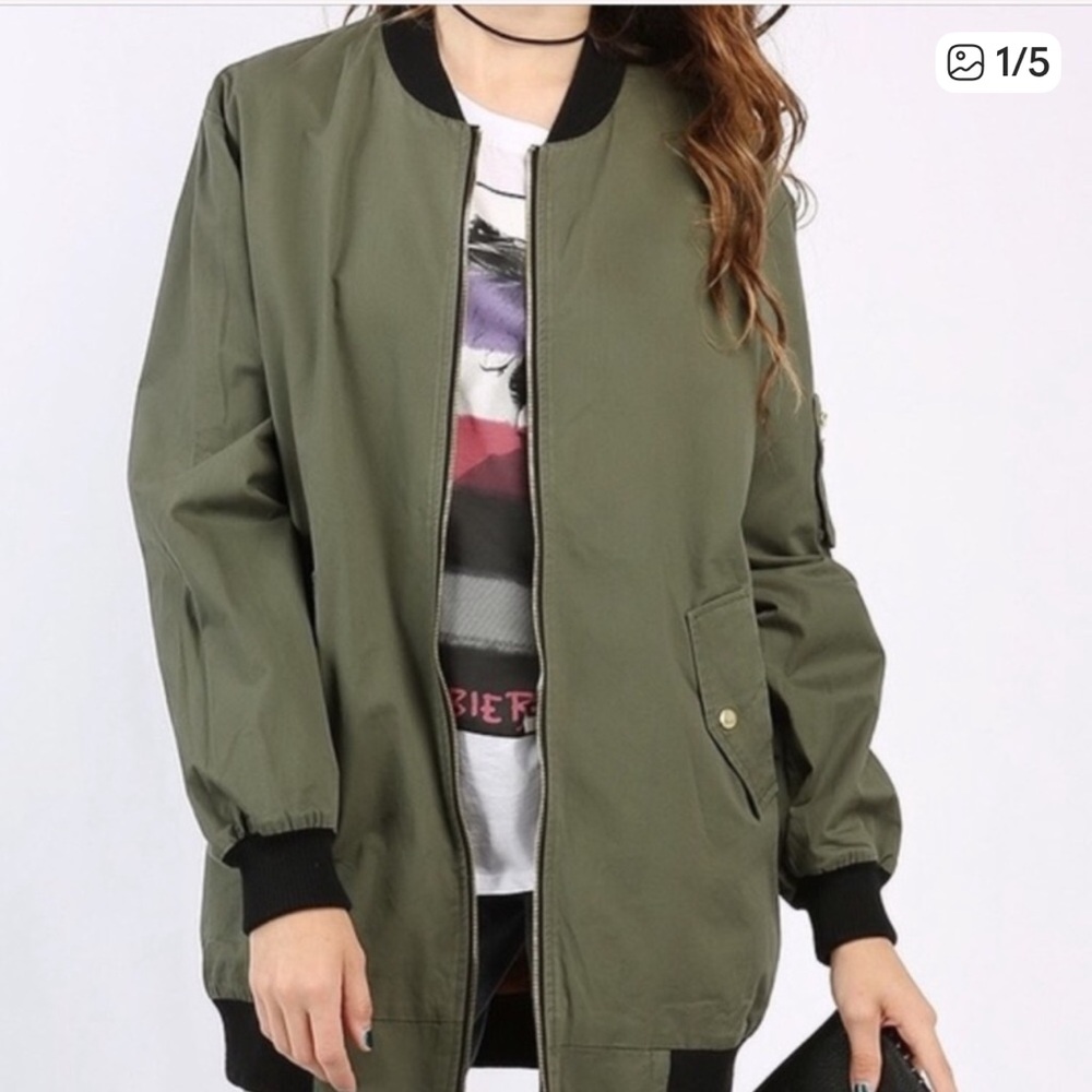 Killer Love Tree Longline Green Spring Silky Bomber Jacket Zip Drawstring
